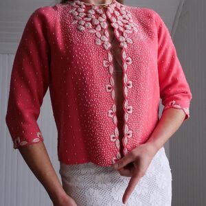 Gorgeous coral pink vintage 50s beaded cardigan
